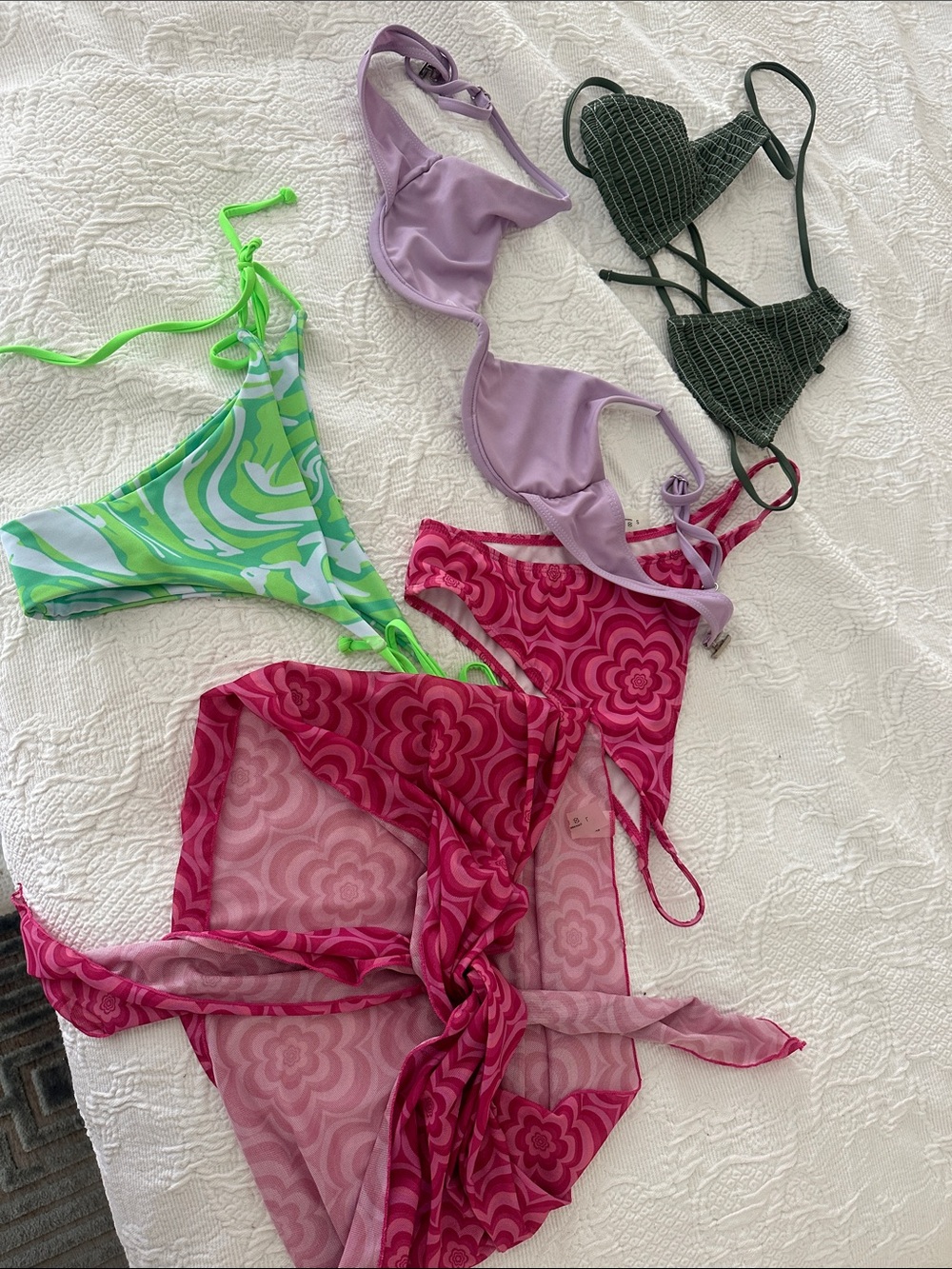 SHEIN Lavender Bikini Top, Neon Green & Pink Bikini Pieces